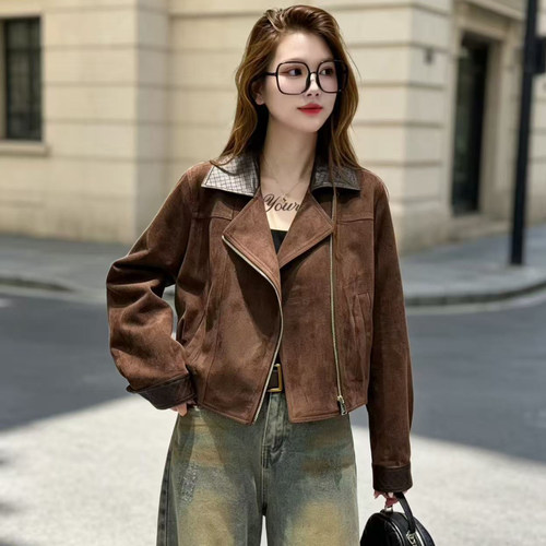 美拉德麂皮机车西服领短外套女