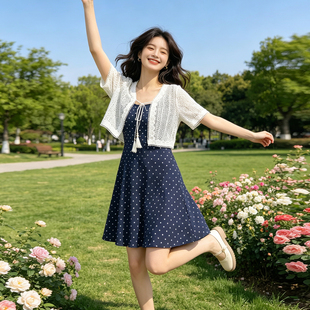 温柔风针织开衫波点吊带吊带裙两件套仙女修身显瘦时尚连衣裙套装