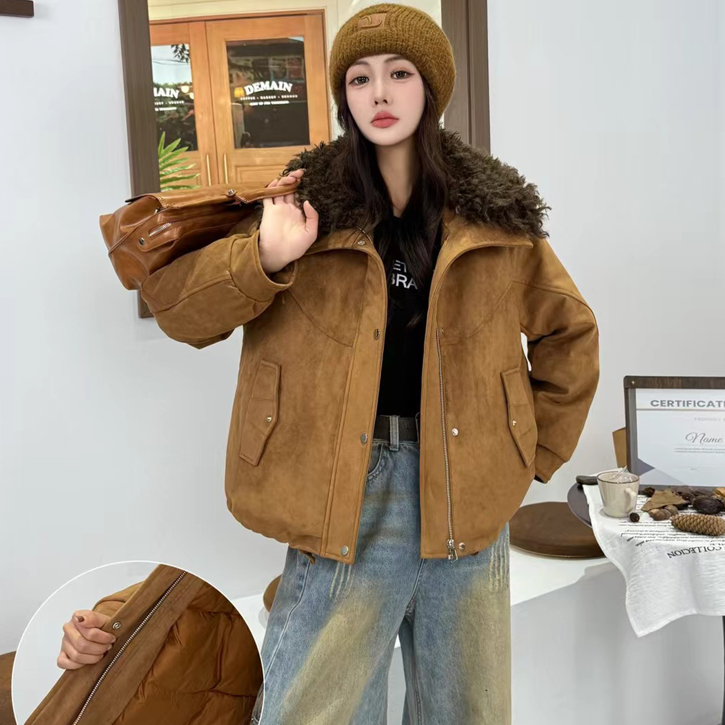 加棉加厚鹿皮绒外套女2025冬季