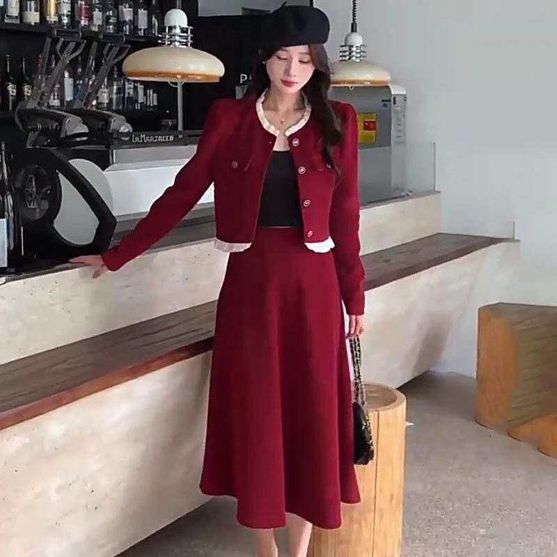 小香风妮子连衣裙两件套2024秋冬新款拼接毛呢外套半身裙轻奢套装