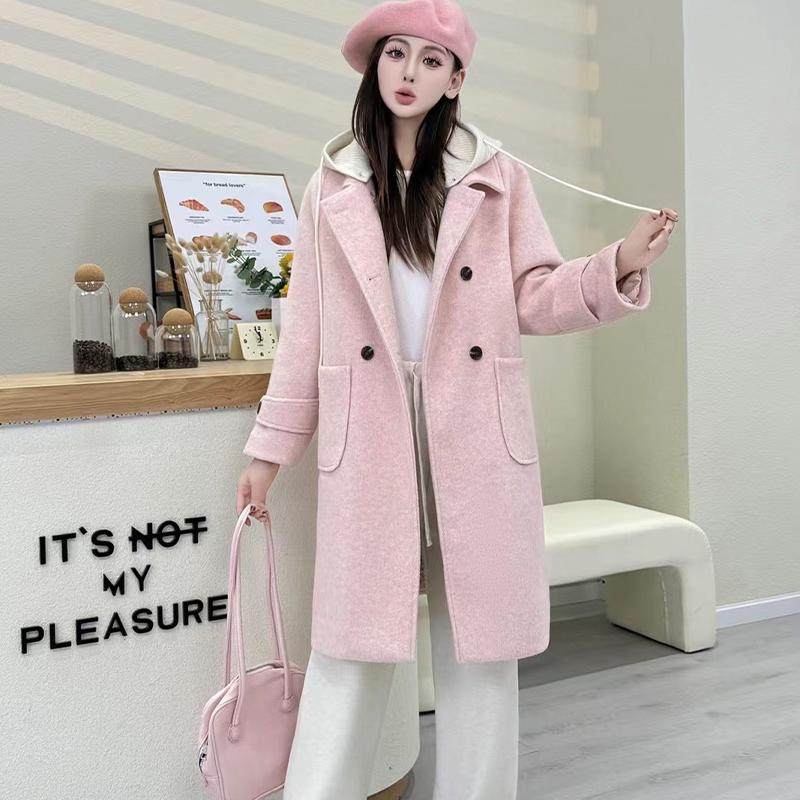 连帽中长款呢大衣韩版
