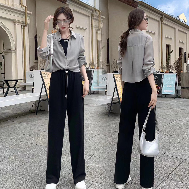 2024新款早秋装搭配一整套时尚设计感小香风衬衫阔腿裤三件套装女