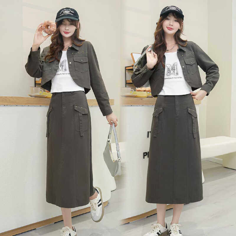 小香风连衣裙时尚套装新款小个子翻领外套+背心+工装半身裙三件套