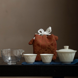 仿宋定窑白旅行茶具套装一壶二杯快客杯便携盖碗茶具定制含收纳包