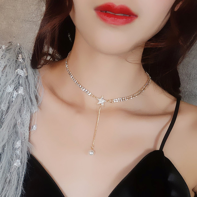 满钻短款五角星饰品小众珍珠吊坠