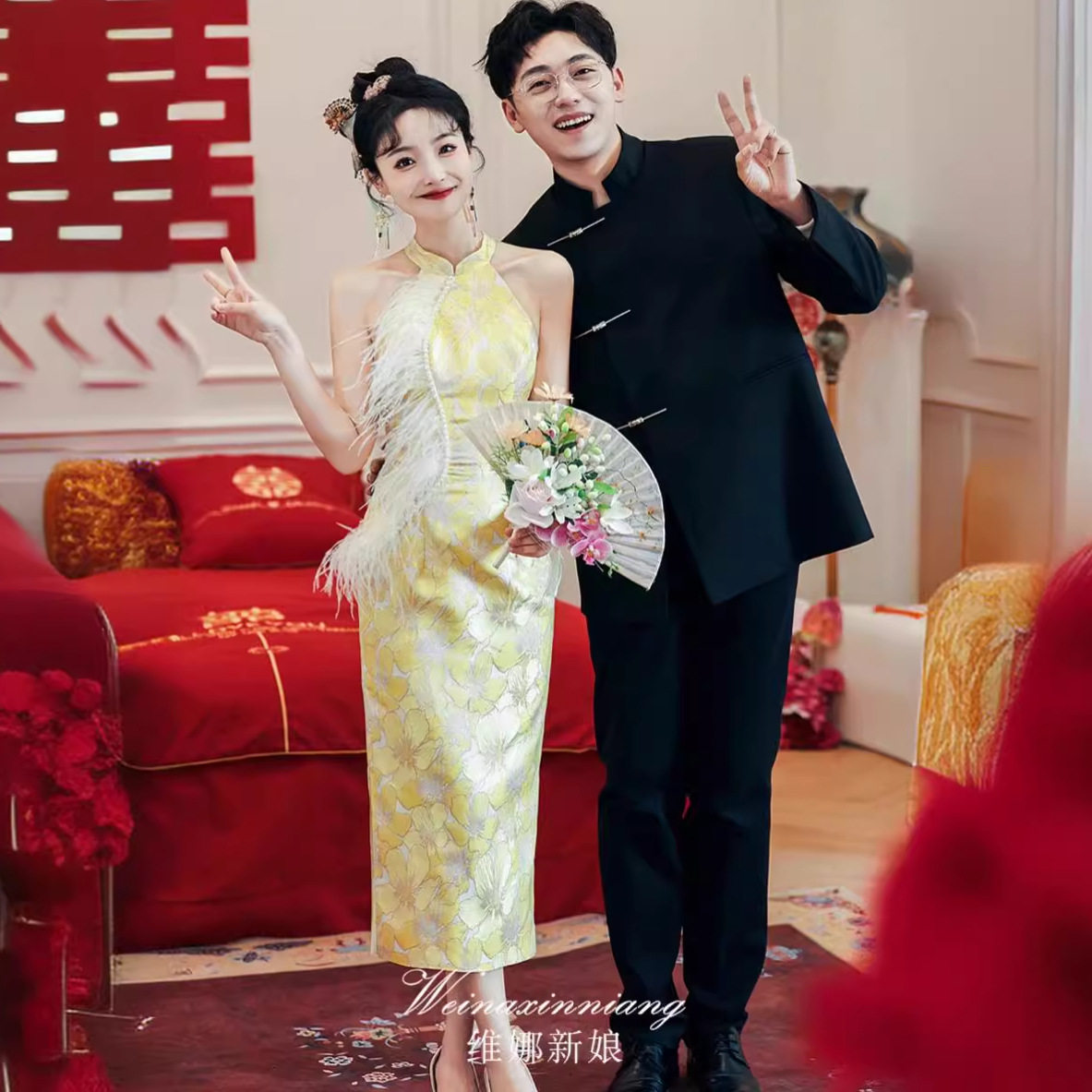 宴会敬酒服新娘酒红色新中式旗袍套装订婚礼服裙平时可穿回门服