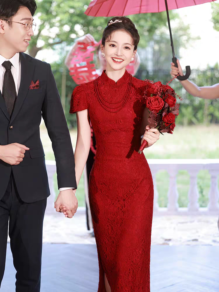 红色改良旗袍敬酒服新娘结婚晚礼服女中式长款显瘦出门露背出阁宴