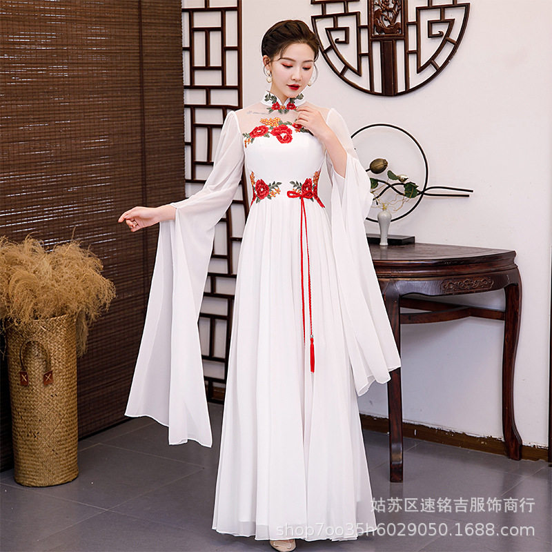2026新款中国风改良古筝走秀旗袍演出服中袖女士大合唱团长裙礼服