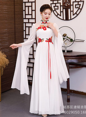 2026新款中国风改良古筝走秀旗袍演出服中袖女士大合唱团长裙礼服
