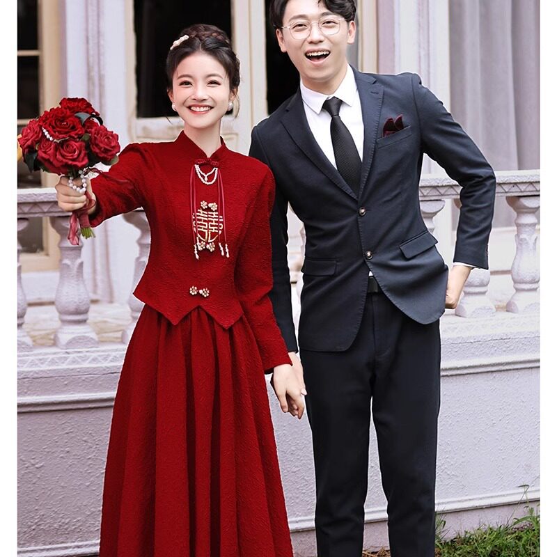 红色旗袍敬酒服新娘秀禾服新中式长袖婚礼订婚结婚晚礼服女高级感