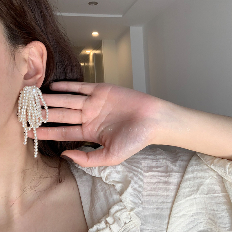 显脸瘦珍珠流苏法式ins长款耳环
