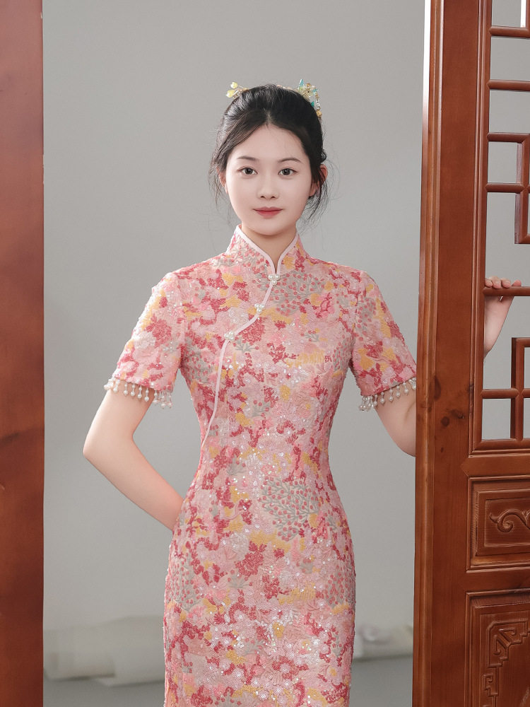 俏娘鱼复古民国风粉色亮片蕾丝旗袍2024年秋季新款新娘结婚敬酒服