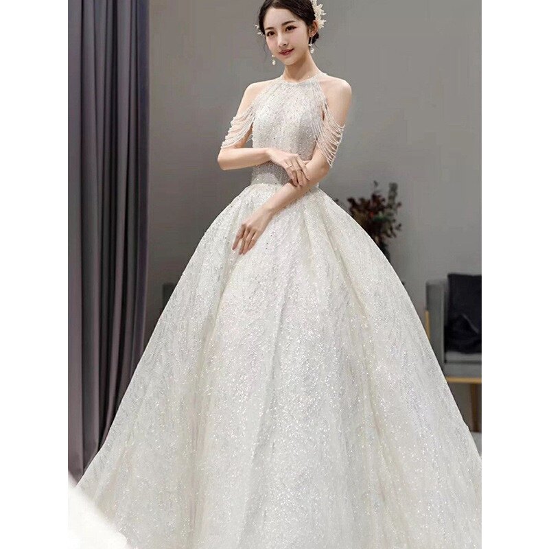 主婚纱2025新款气质大拖尾新娘礼服森系超仙梦幻星空长拖挂脖婚纱