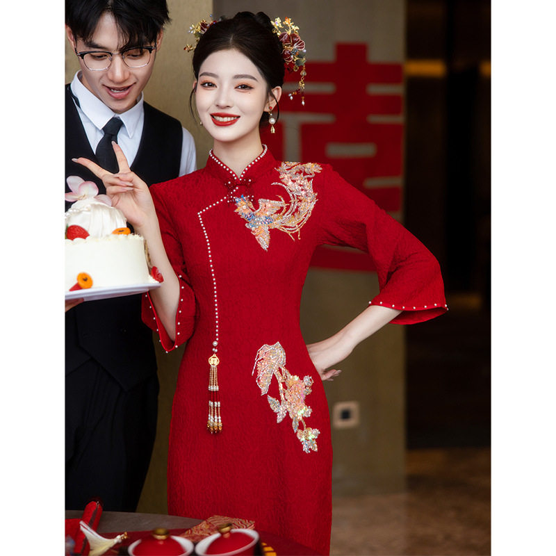 敬酒服新娘高级感红色结婚鱼尾旗袍订婚礼服新中式2025新款小个子