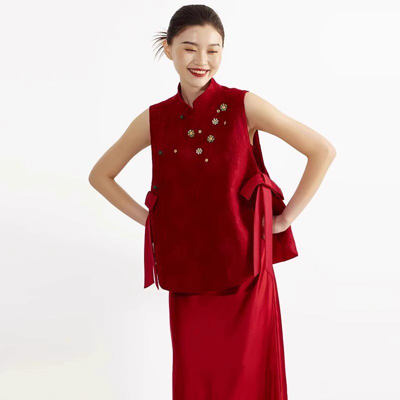 新中式敬酒服晨袍女新娘结婚订婚礼服红色缎面吊带连衣裙两件套装