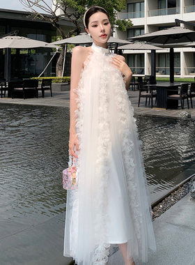 法式新娘晨袍挂脖轻婚纱小礼服结婚睡裙伴娘白色露背连衣裙