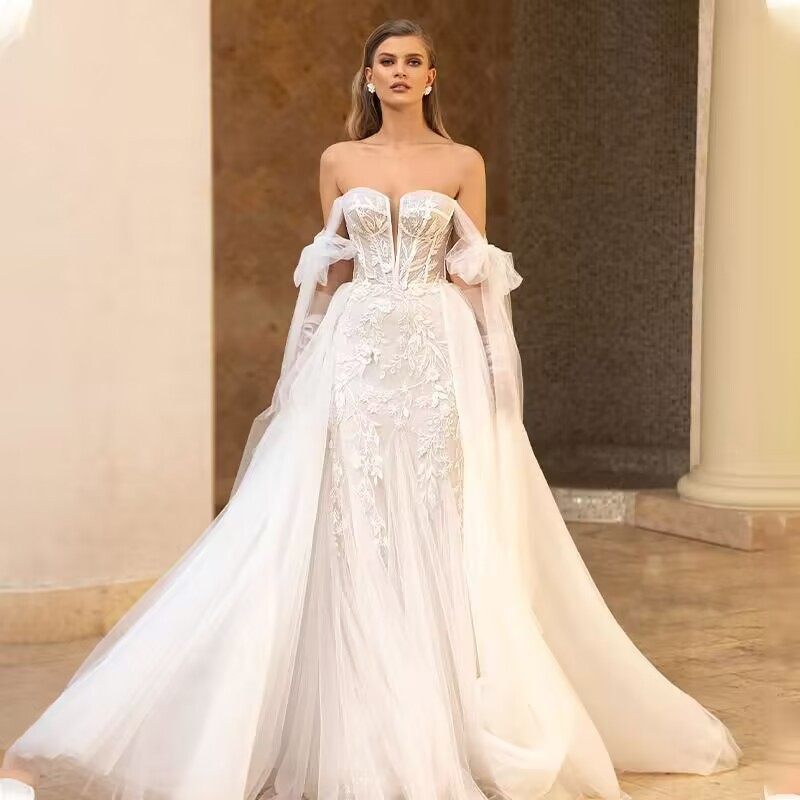 婚纱礼服2026夏季新款一字肩外贸婚纱大裙摆拆卸蕾丝拖尾外贸婚纱