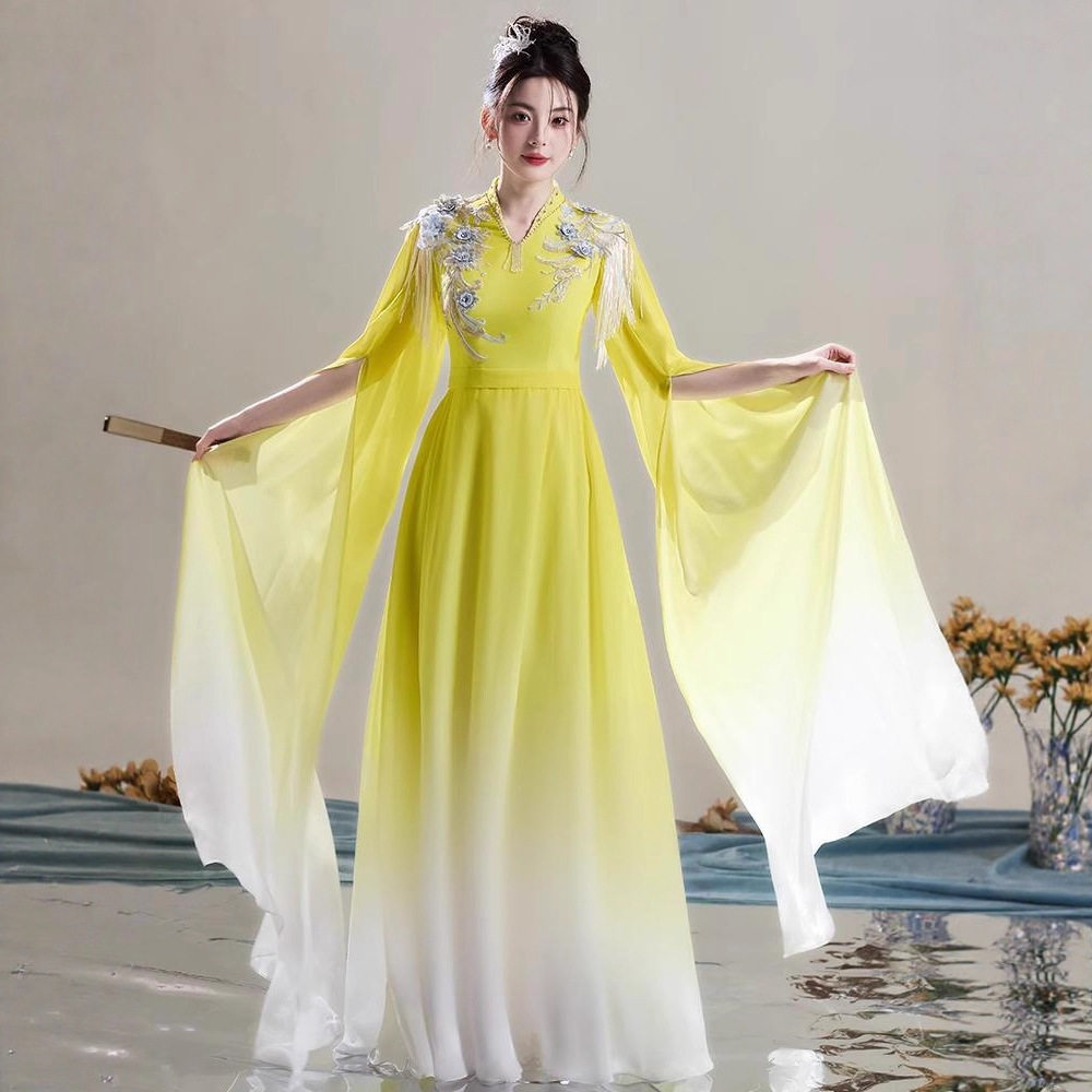 中国风大合唱演出服女长裙气质诗歌朗诵服装飘逸成人古筝演出服装