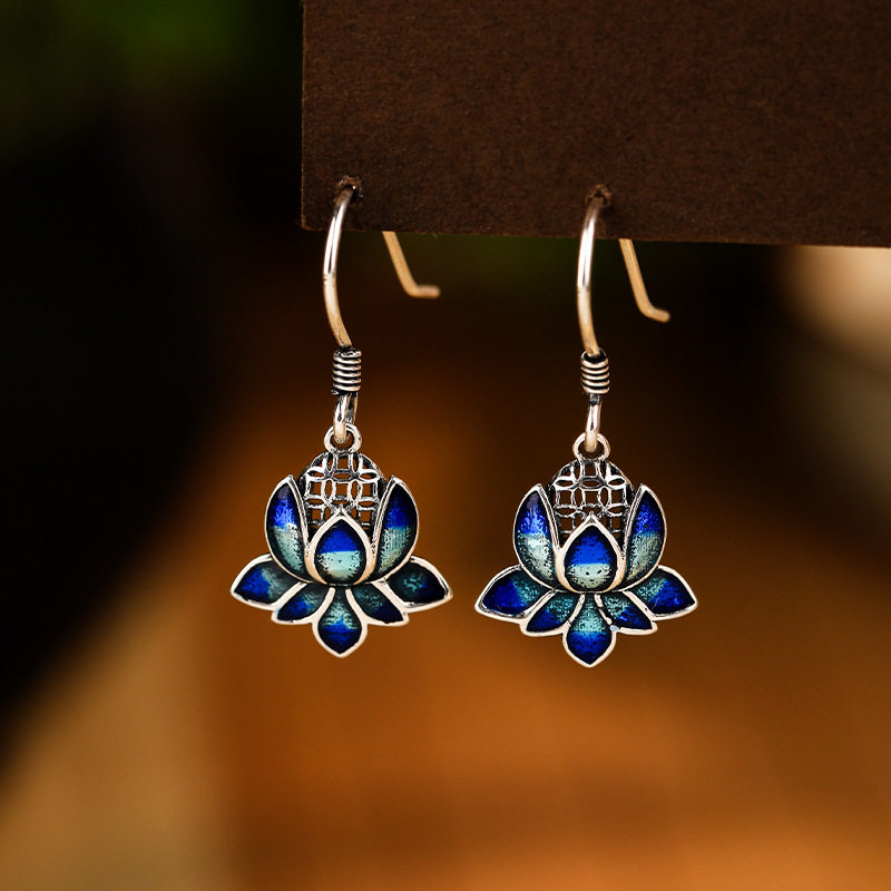 S925纯银滴胶烧蓝工艺莲花荷叶耳环复古民族风花朵优雅耳饰,饰品/流行首饰/时尚饰品新,银饰耳饰,淘宝优惠券,粉丝福利购,淘宝优惠卷
