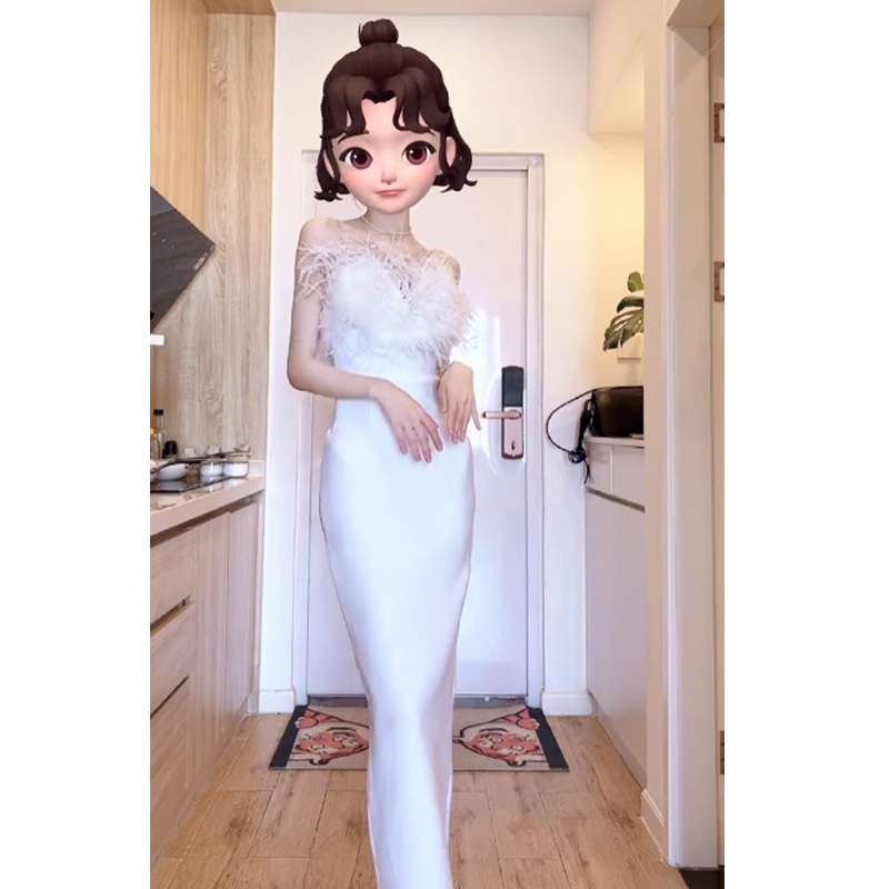 白色礼服2025冬季新款婚纱羽毛法式订婚抹胸性感鱼尾礼服晚宴主持