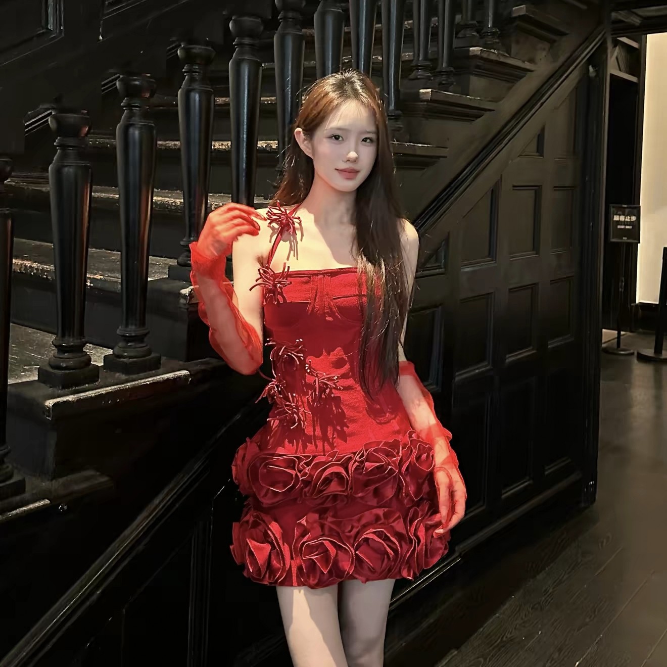抹胸连衣裙女装名媛生日礼服裙重工立体玫瑰鱼骨收腰蓬蓬红色裙子
