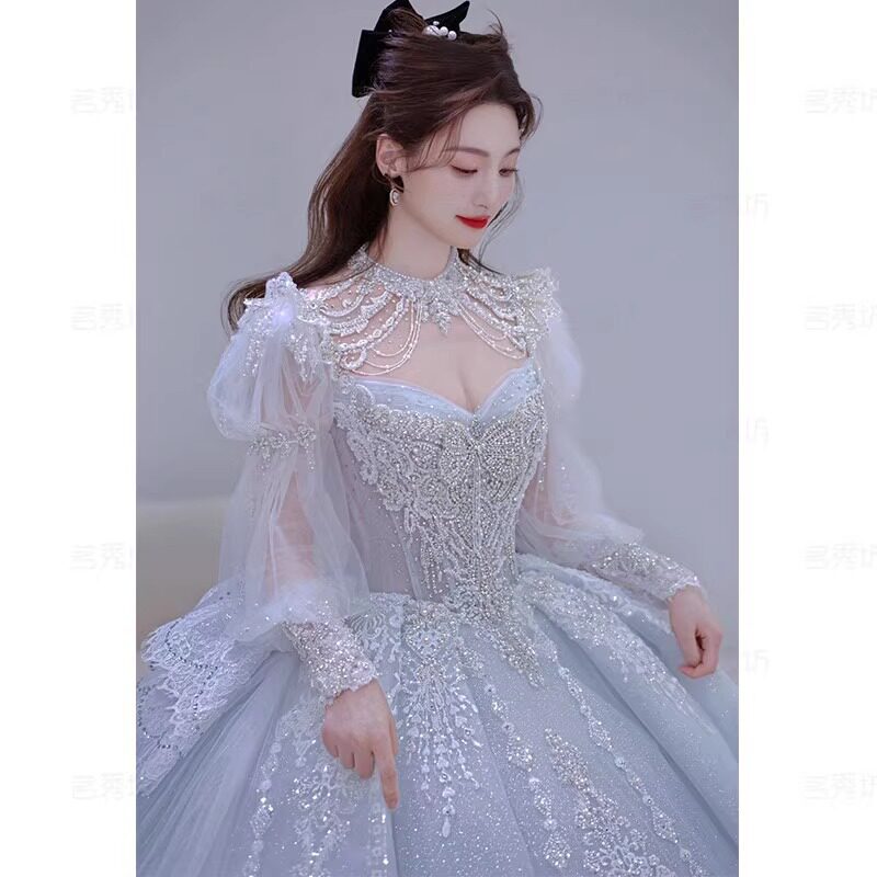 长袖主婚纱2025新款新娘拖尾小个子法式重工星空宫廷风冬季冰蓝色