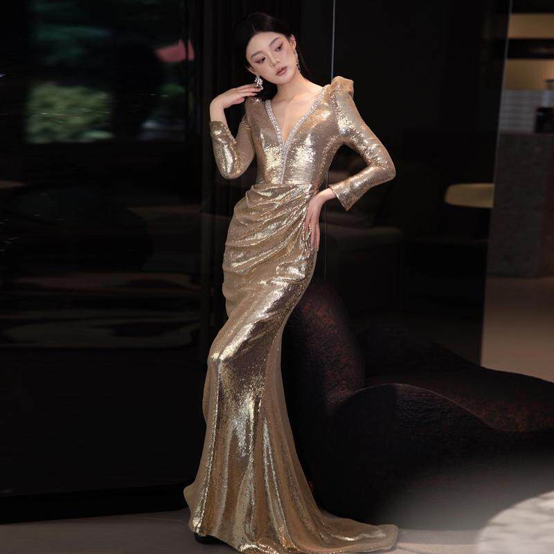 金色亮片敬酒服年会演出主持人重工v领气质结婚订婚轻奢鱼尾礼服