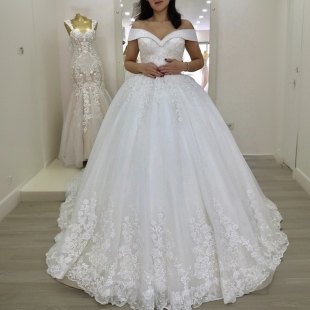 外贸婚纱V领收腰性感婚纱拖尾绑带蕾丝主婚纱短袖一字肩露背简约