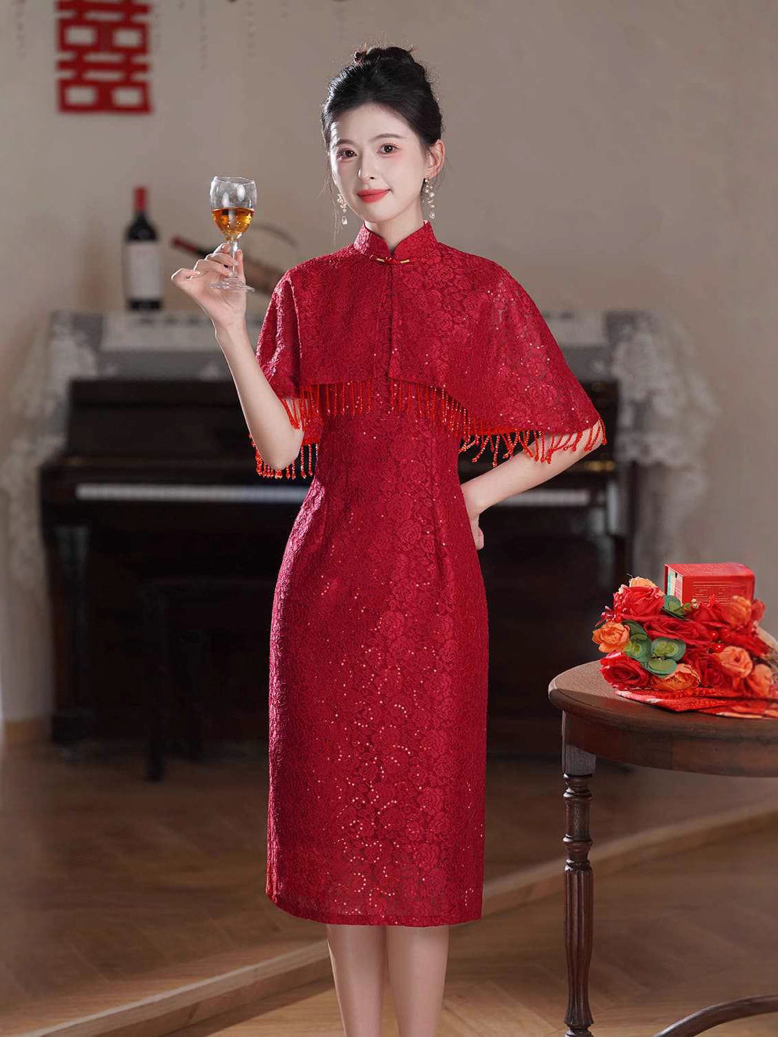 2026新款新中式晨袍新娘结婚敬酒服订婚旗袍披肩两件套礼服裙女