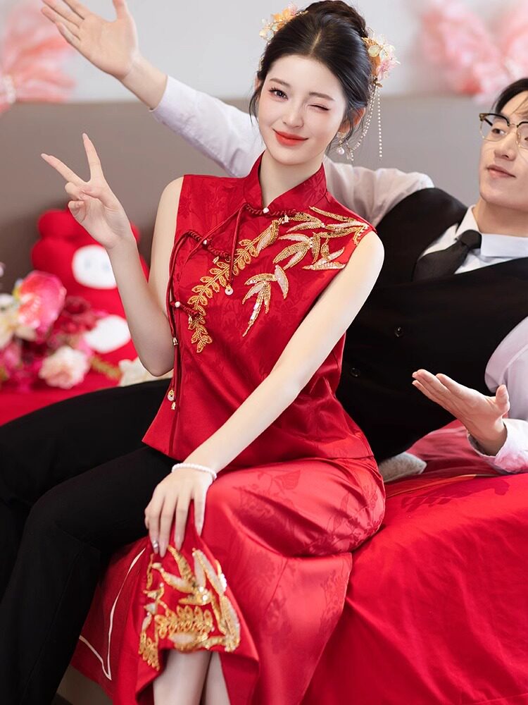 2025新款法式气质名媛风新中式订婚旗袍女敬酒服回门礼服大红色竹
