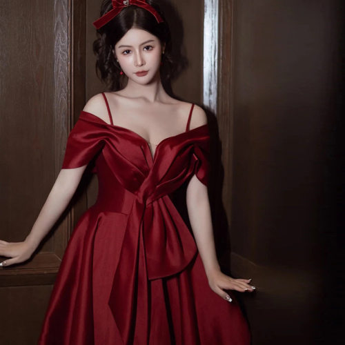 法式红色敬酒服蝴蝶结吊带大码新娘结婚回门礼服遮肚子订婚连衣裙
