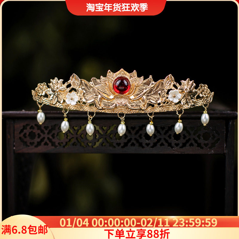 古风莲花发冠唐风明制汉服发冠流苏珍珠吊坠发钗簪百搭配股头饰