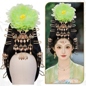 唐风一体式 贵妃盘发造型牡丹大花发饰流苏步摇演出头套 假发套古装