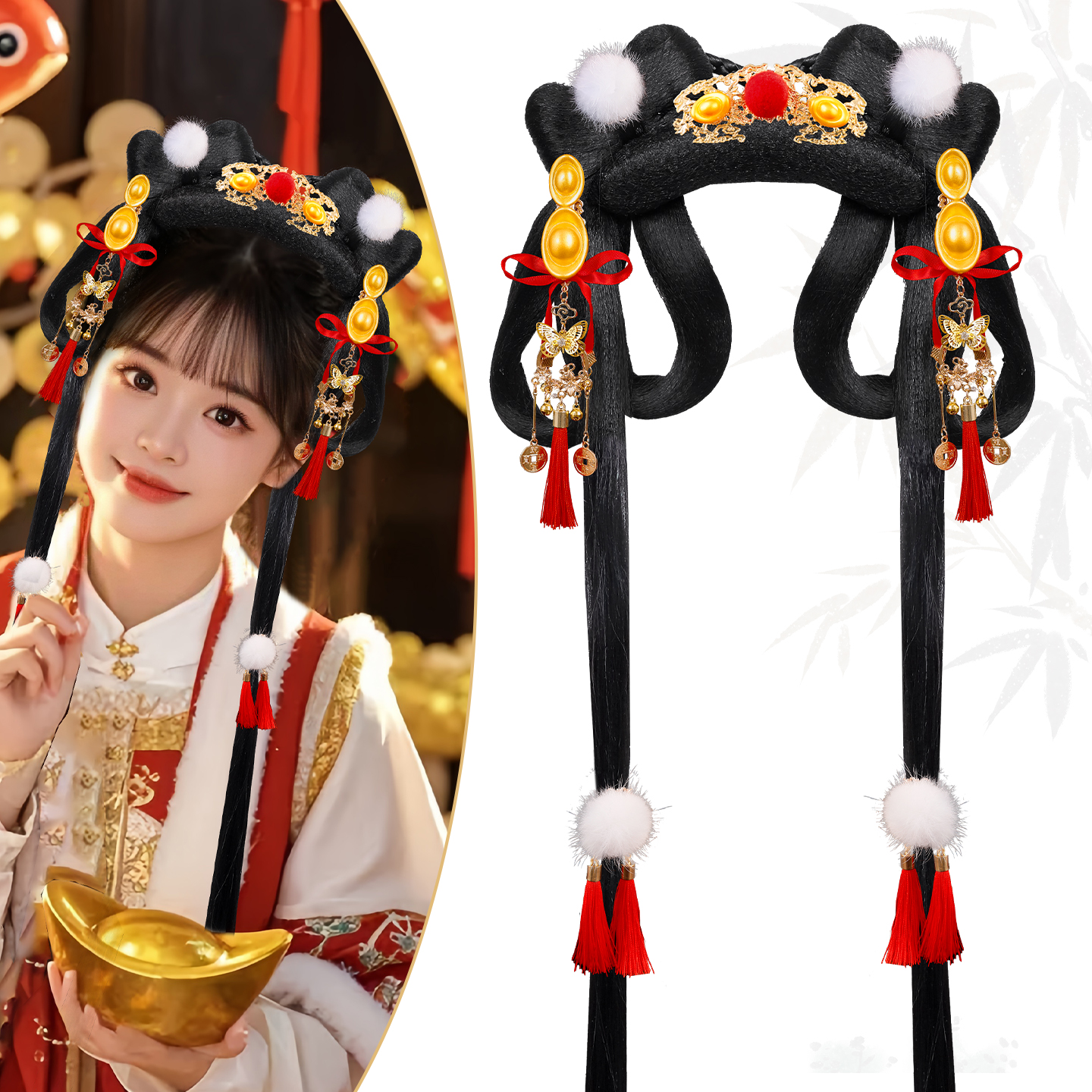 新年喜庆红色发饰假发组合