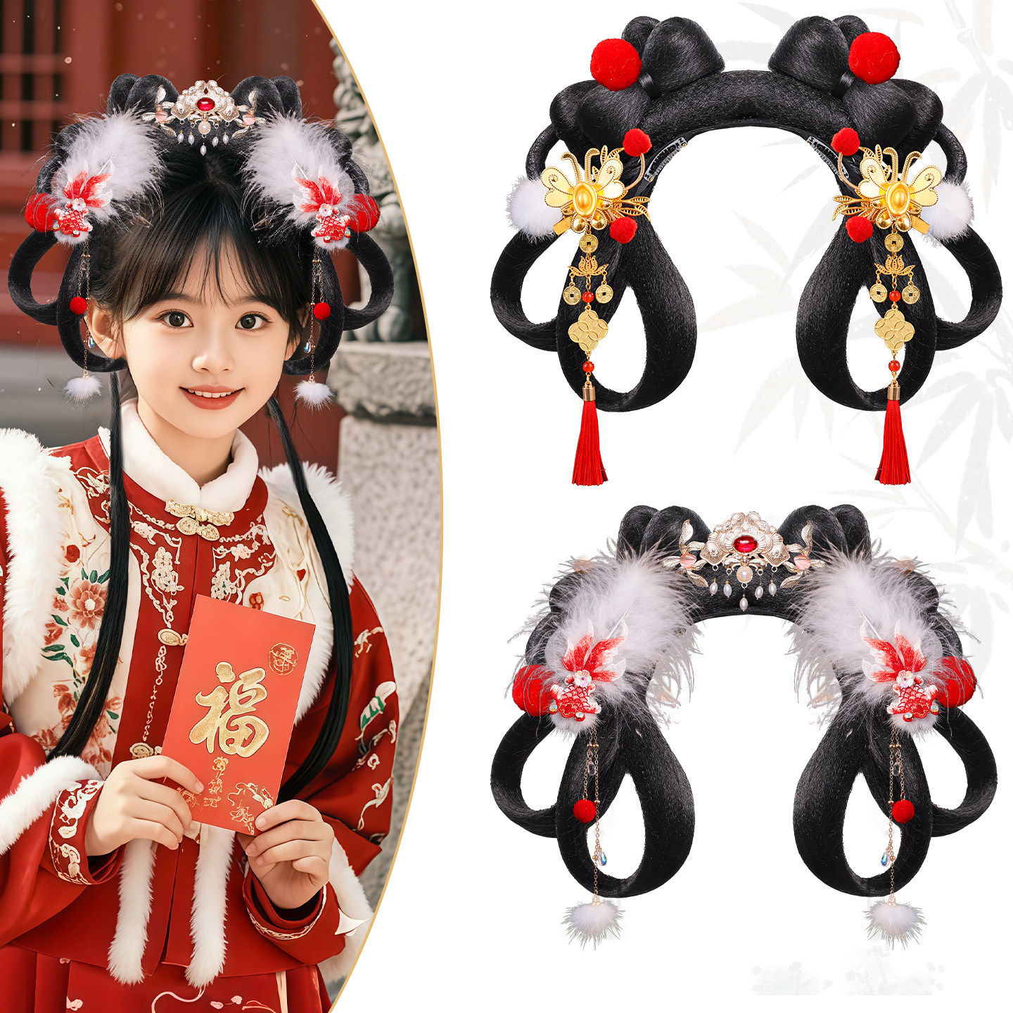 儿童汉服假发包古风头饰女童一体式发髻可爱兔耳造型新年拜年假发,美发护发/假发,演出假发,淘宝优惠券,粉丝福利购,淘宝优惠卷