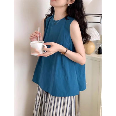 孔雀蓝简约圆领纯色背心女上衣