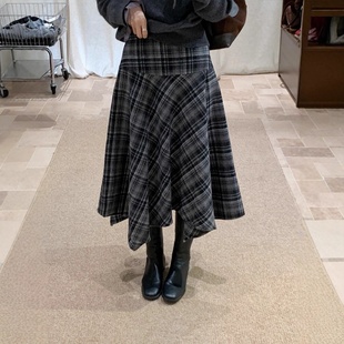 YJ韩系复古格纹半身裙时尚 百搭不规则剪裁长裙子直筒高腰显瘦半裙