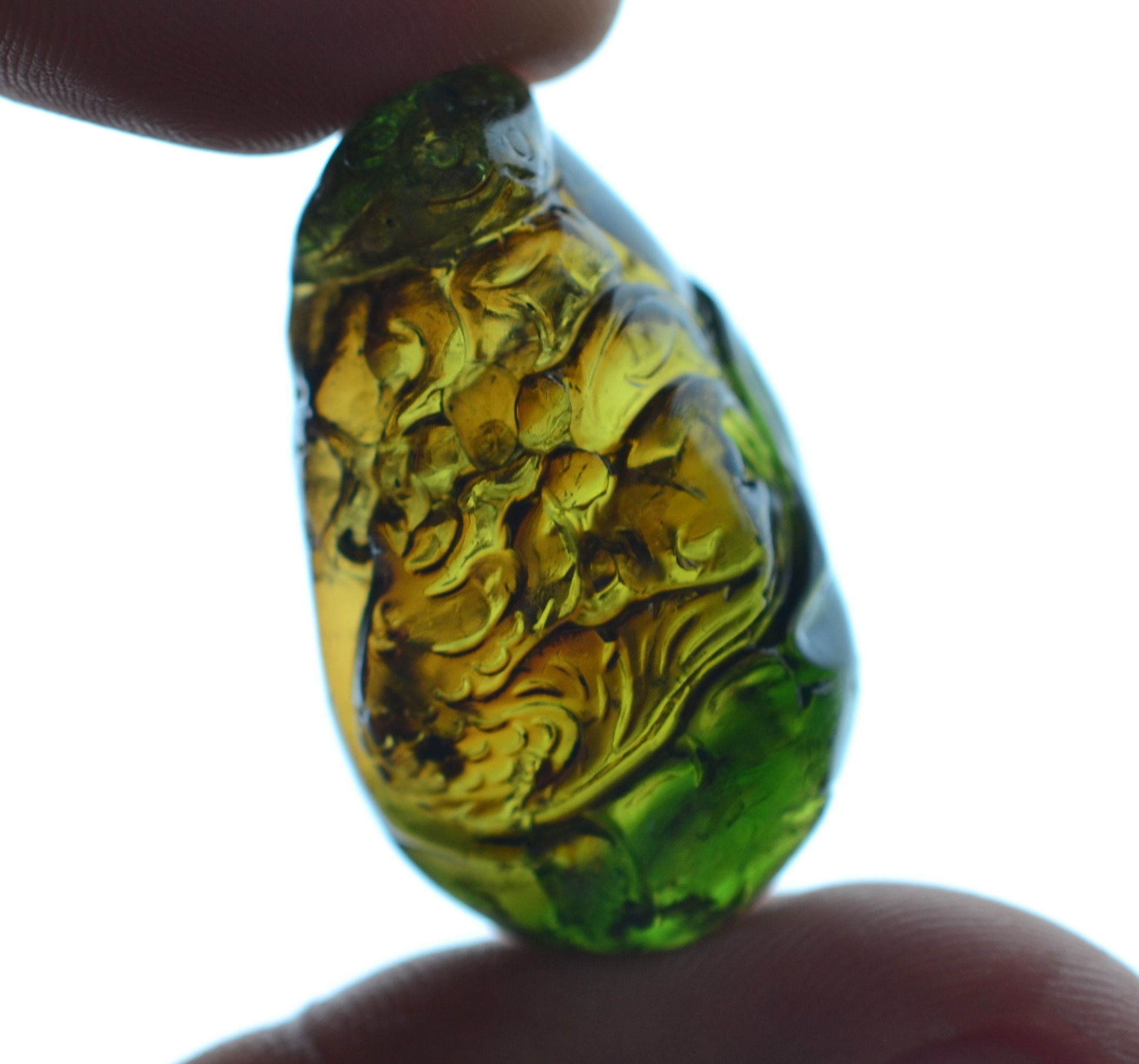 天然无填充无任何优化处理黄绿双色碧玺雕刻项坠连年有余挂坠包邮