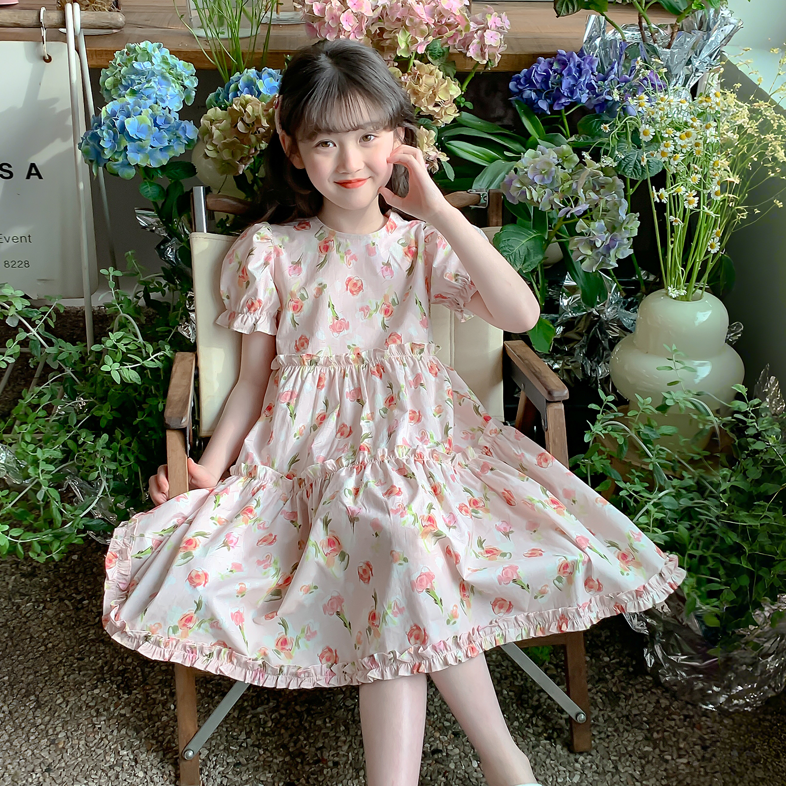 【CC家居控】女童2025新款碎花洋气可爱女孩泡泡袖连衣裙Q13467