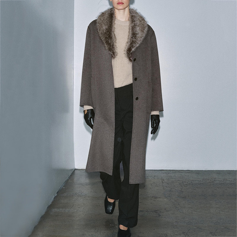 羊毛混纺大衣外套女中长款双面呢羊绒外套西服领大毛领za7522258