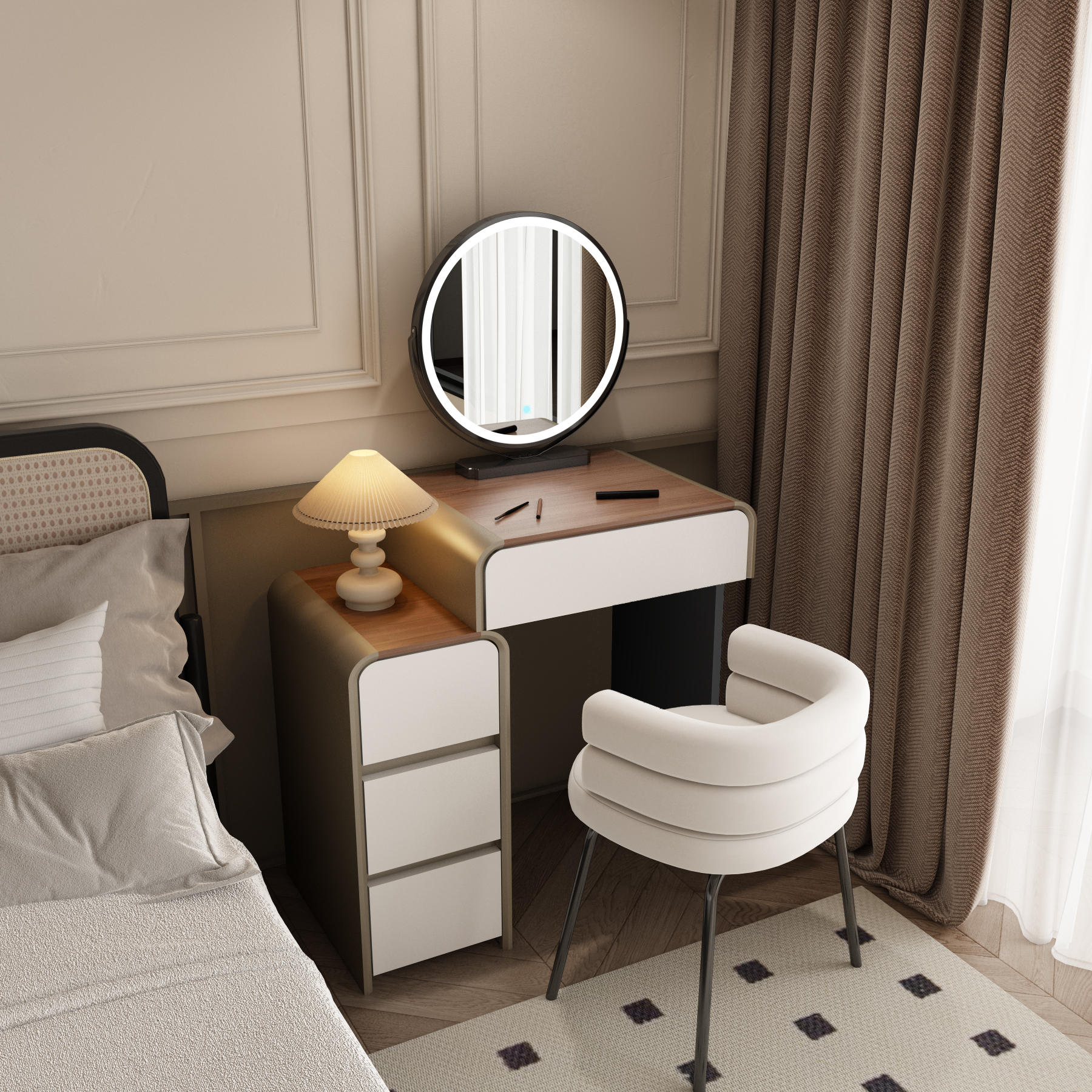 小户型梳妆台卧室现代简约轻奢户型北欧轻奢实木化妆桌收纳柜一体