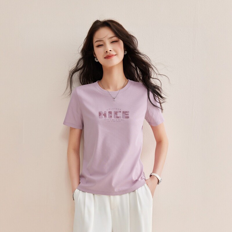 时尚字母刺绣丝光棉短袖t恤女夏季专柜同款修身圆领显瘦气质上衣