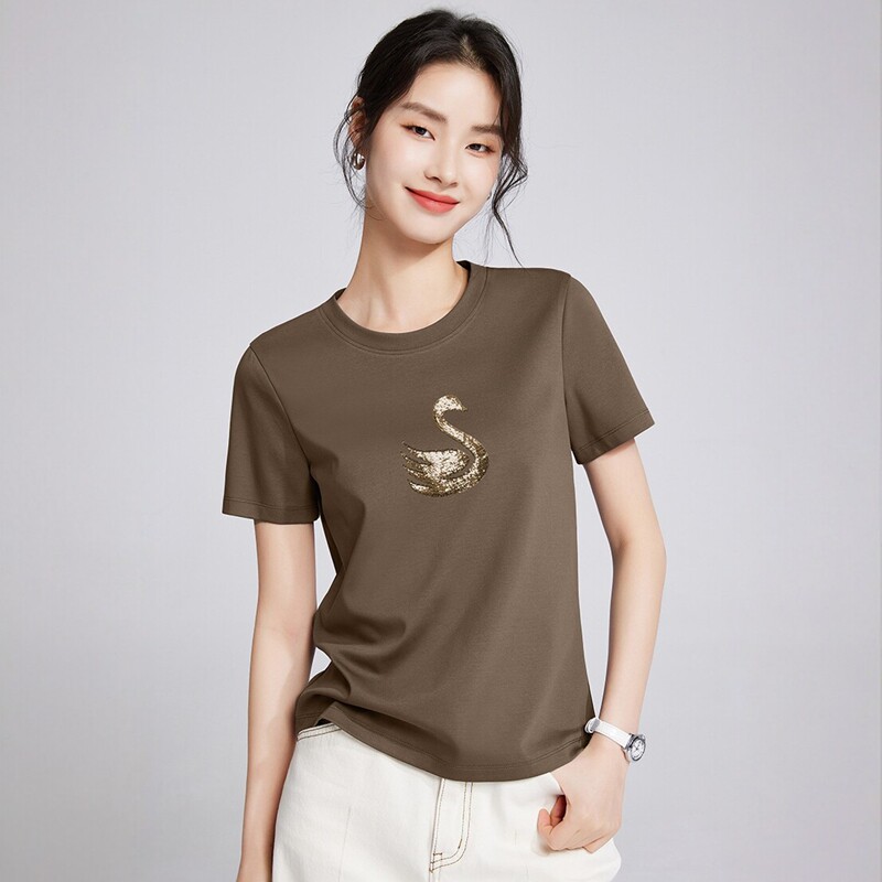 精致亮片天鹅刺绣丝光棉短袖t恤女专柜同款圆领修身显瘦体恤夏装