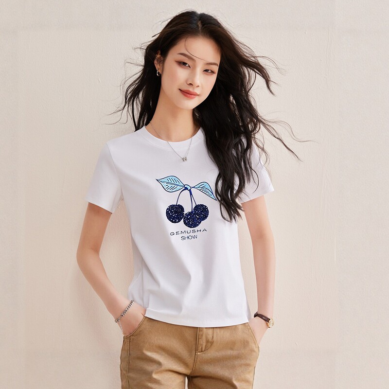 时尚珠片绣花T恤女夏季专柜同款圆领修身显瘦丝光棉休闲上衣