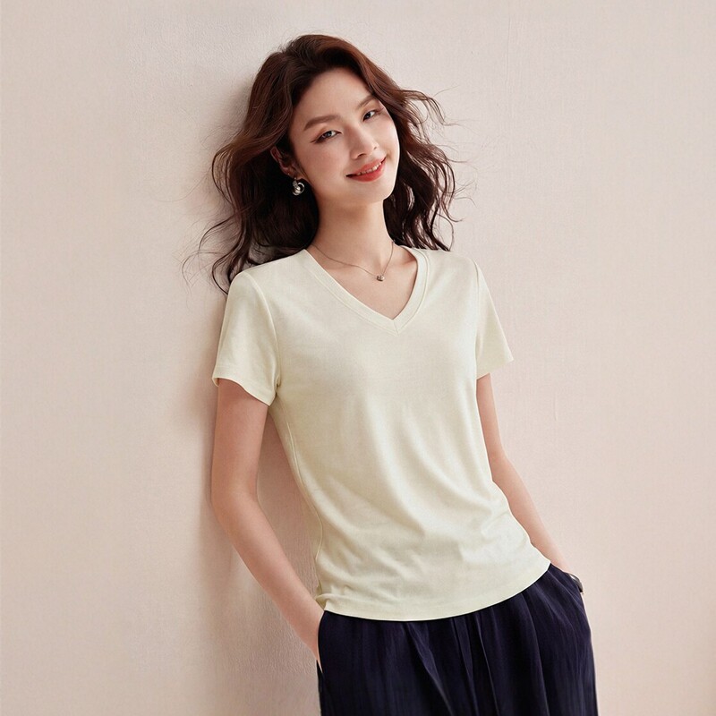 老钱风亚麻天丝短袖t恤女夏专柜同款纯色V领修身显瘦时尚气质上衣