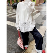 美己己 休闲百搭叠穿内搭蕾丝上衣 秋季 刺绣钩花拼接白色长袖 T恤衫