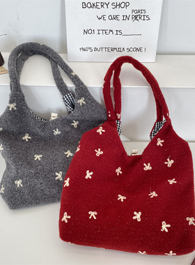 有趣琳 61112 新款刺绣蝴蝶结背心包女逛街托特包大容量通勤单肩