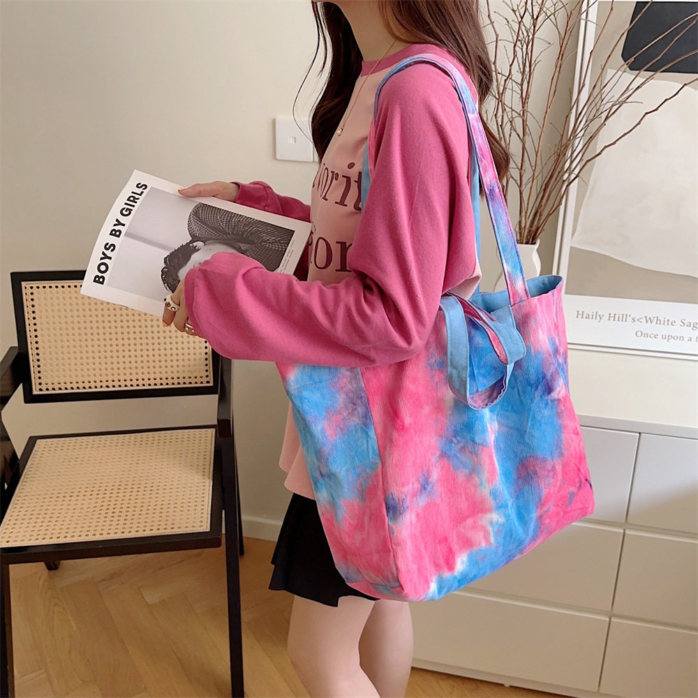 有趣琳 帆布包学生扎染灯芯绒纯色双面单肩大容量两用书包