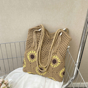 有趣琳 单肩包女时尚编织包印花镂空手提士度假沙滩包草编休闲