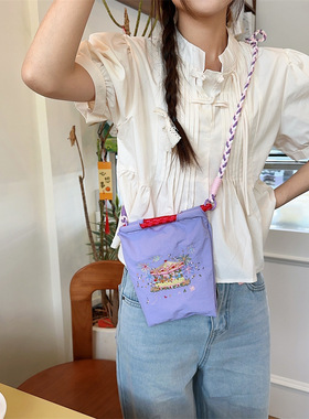 有趣琳 45242 迷你刺绣款小布袋牛津布手拎包学生斜挎手提口红